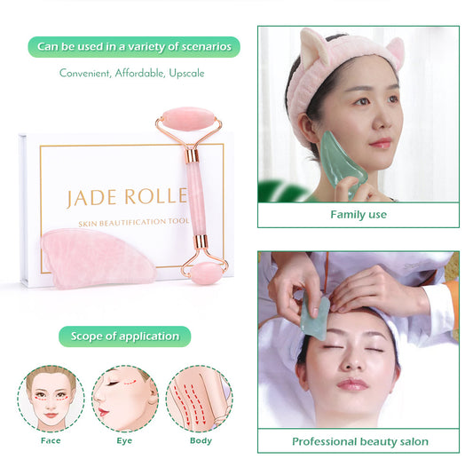 JadeGlow™ - Set de Rodillo Facial y Gua Sha de Jade Natural