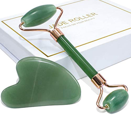 JadeGlow™ - Set de Rodillo Facial y Gua Sha de Jade Natural